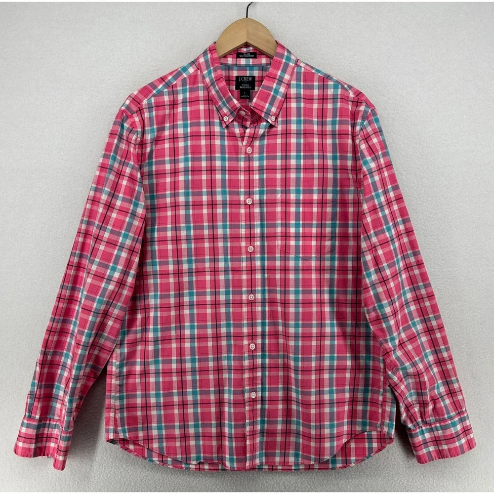 J.CREW Shirt Mens L Flex Washed Slim Untucked Button Up Plaid Cotton Blend Pink